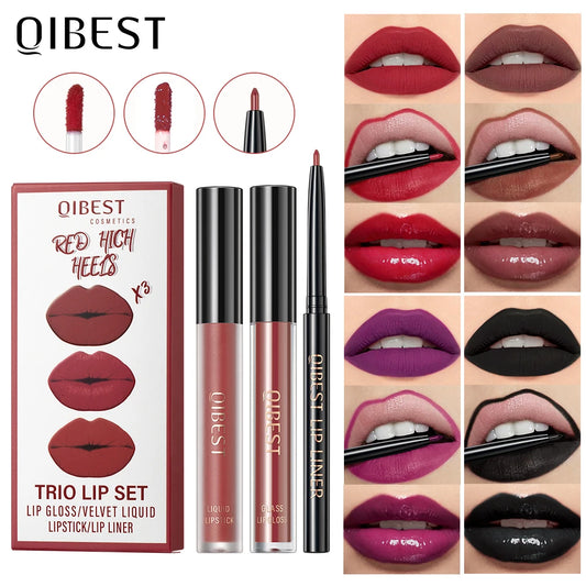QIBEST 3pcs Liquid Lipstick+Lip Liner Set Makeup Nude Velvet Lip Gloss Long Lasting Non-stick Cup Red Lip Tint Cosmetics Kit